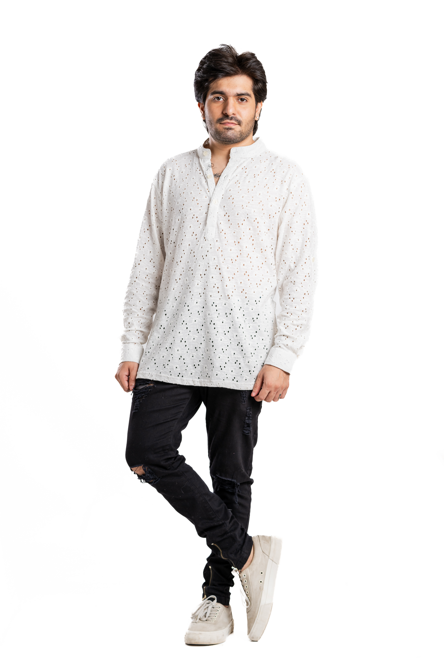 White Netted Kurta Shirt Regular Fit