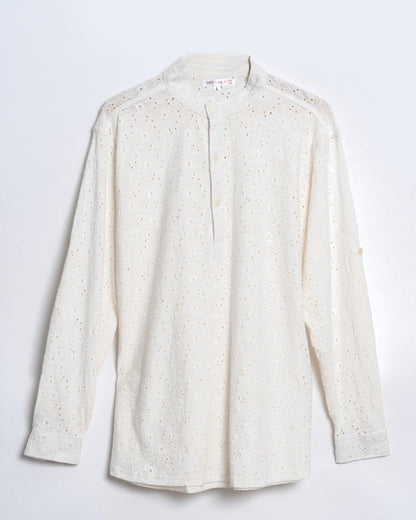 White Netted Kurta Shirt Regular Fit