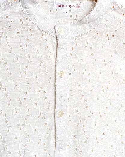 White Netted Kurta Shirt Regular Fit