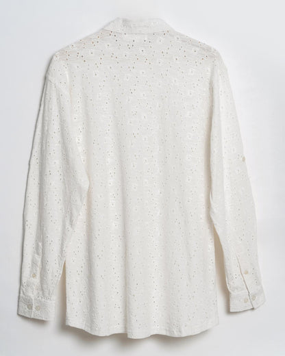 White Netted Kurta Shirt Regular Fit