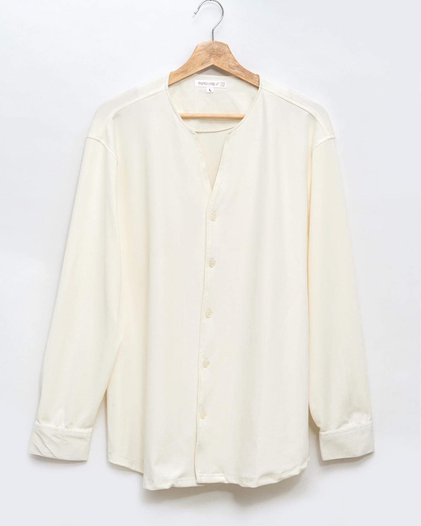 Knit V-Neck White Chinese Collar Shirt