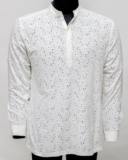 White Netted Kurta Shirt Regular Fit